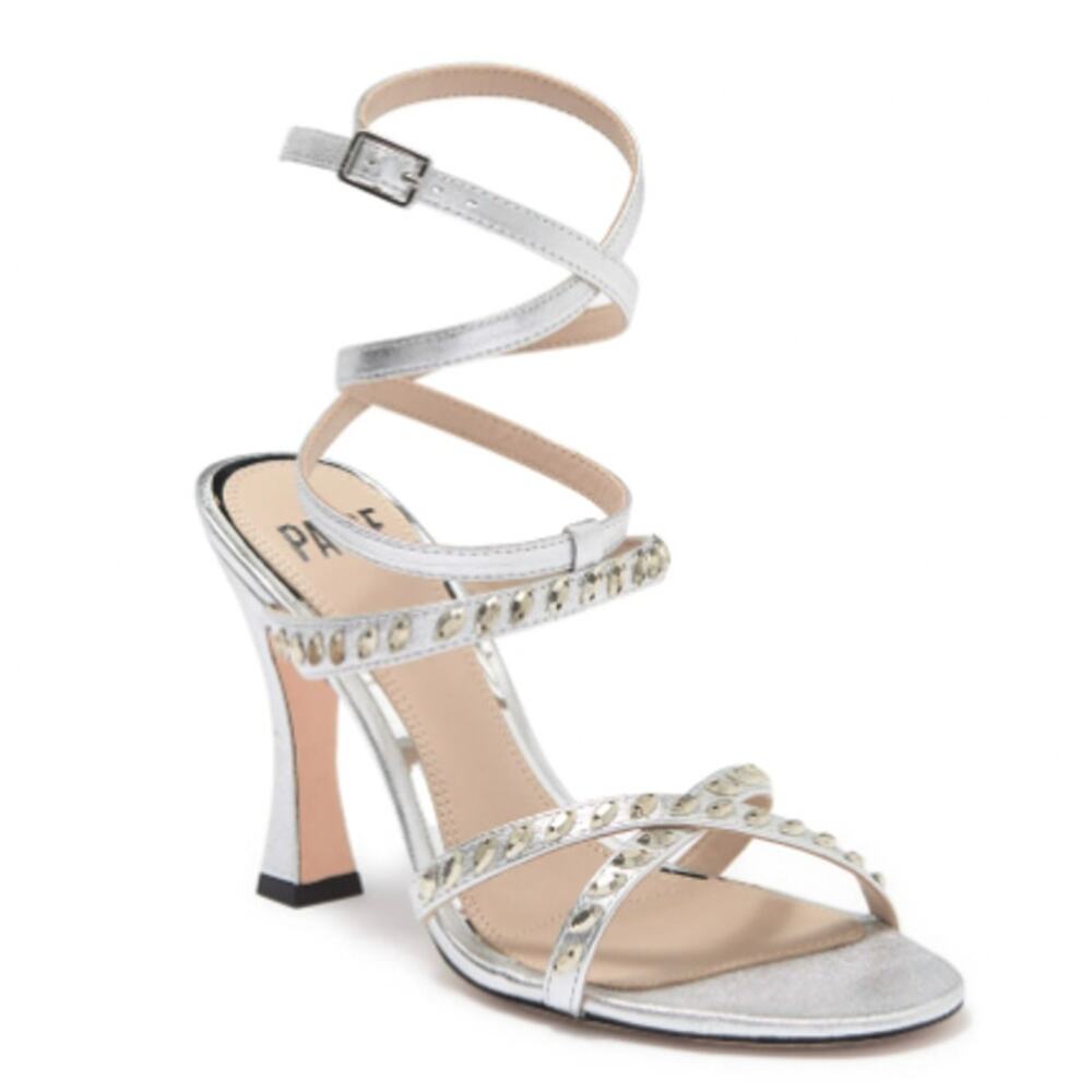 Paige Weslie Silver Embellished Ankle Strap Heeled Sandal 6.5